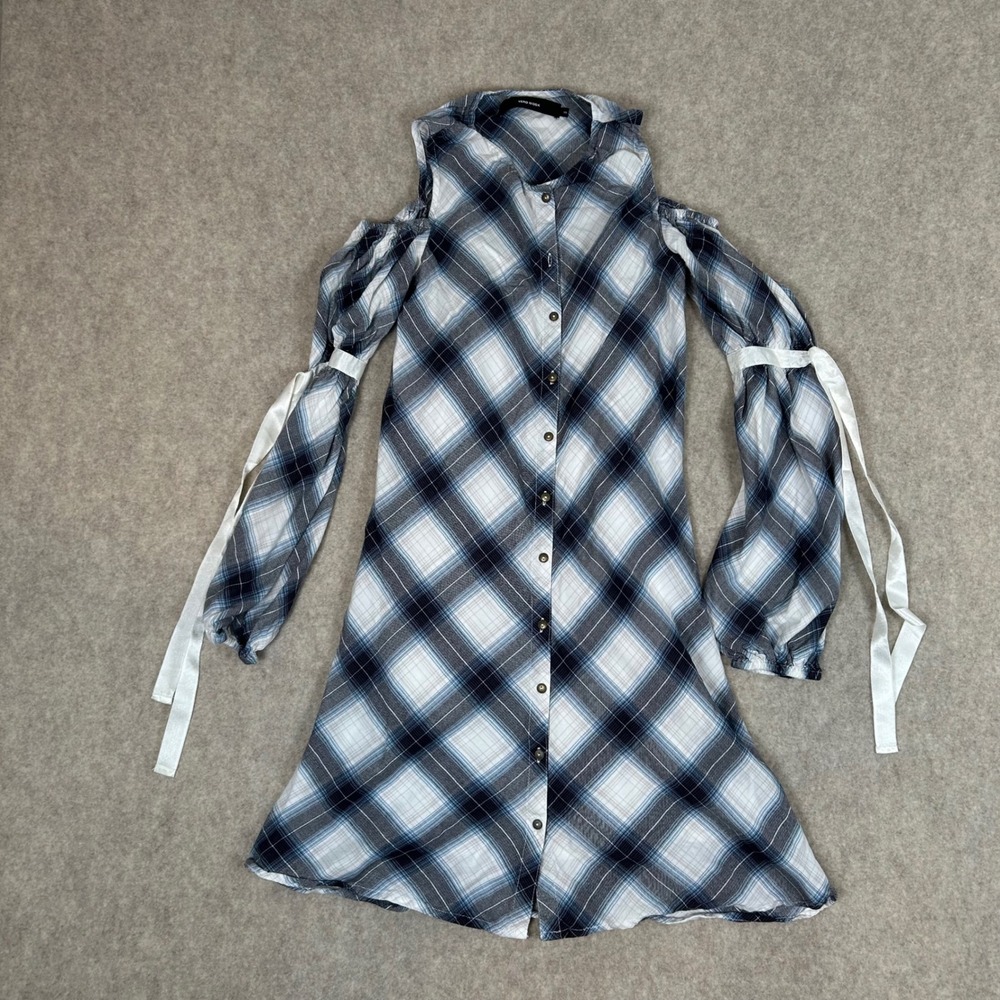 Vero Moda Cold Shoulder Plaid Tunic Women‎ XS Blue White Ribbon Tie Button Front